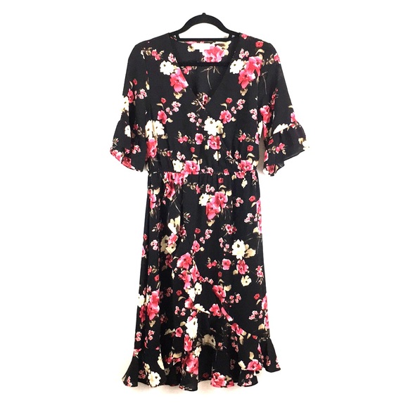 floral wrap ruffle dress
